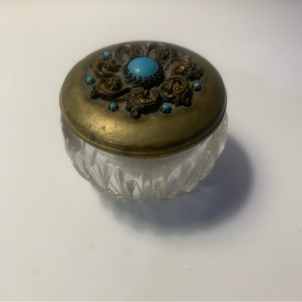 Antique Glass Trinket/Pill/Jewelry Box with Gold Filled Lid and Cut Glass Bottom